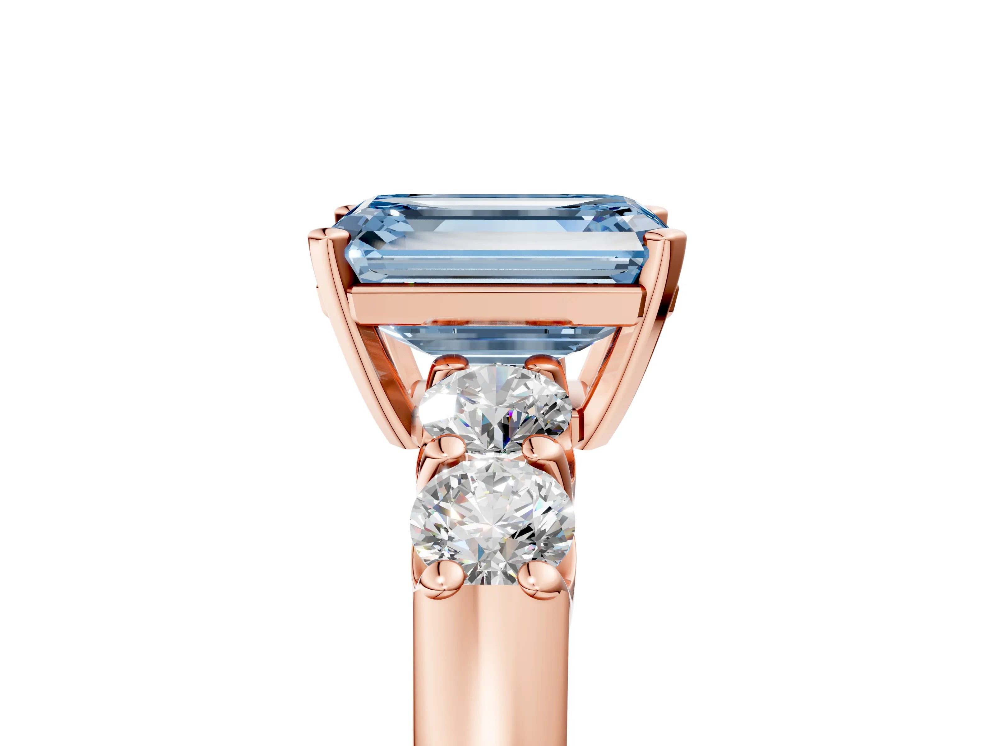 Rose gold Fancy Blue Emerald Cut Brilliant Diamond Five-Stone Engagement Ring with Prong Setting on a Classic Band_8