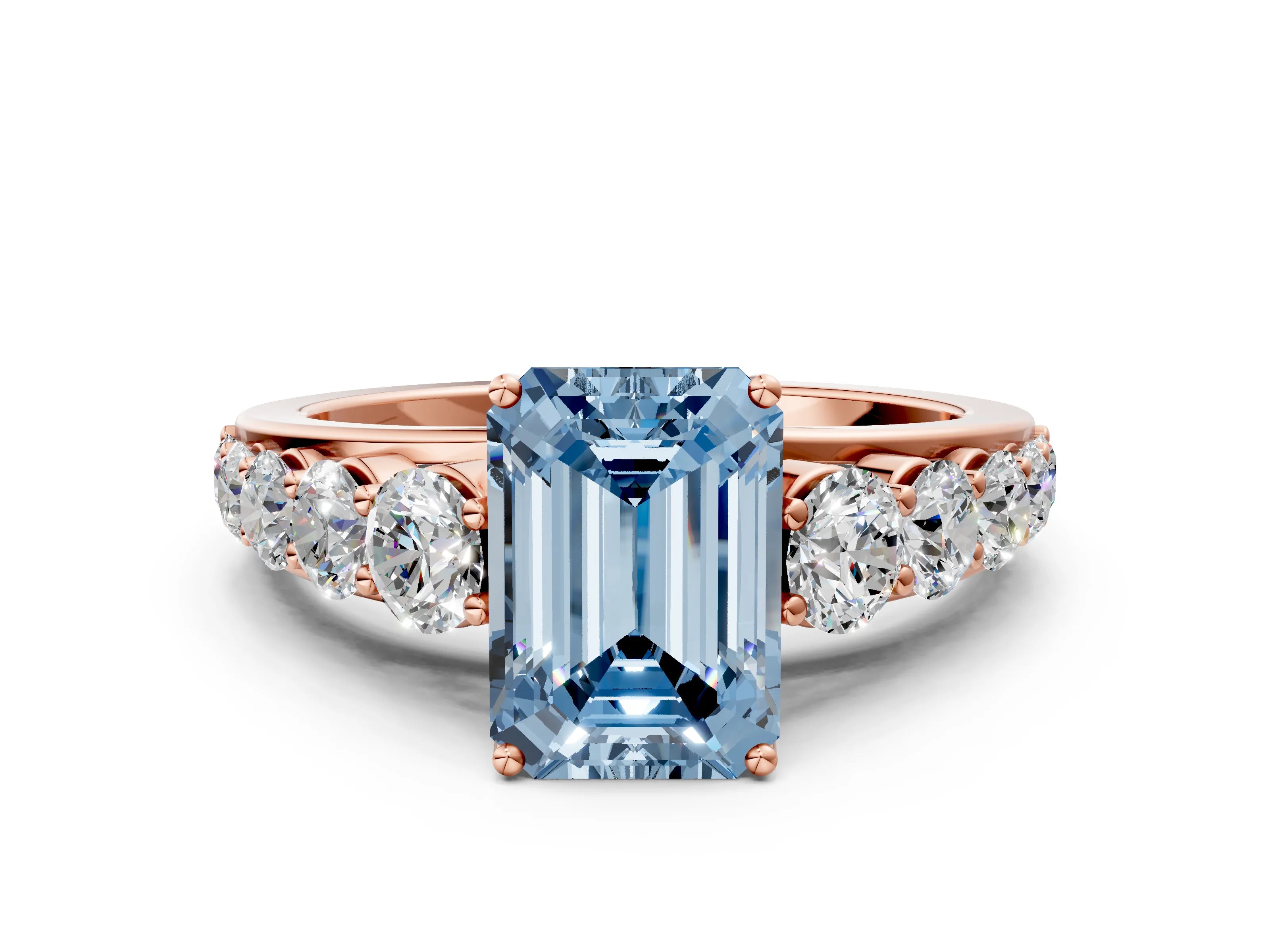 Rose gold Fancy Blue Emerald Cut Brilliant Diamond Pavé Band with Six-Prong Setting
