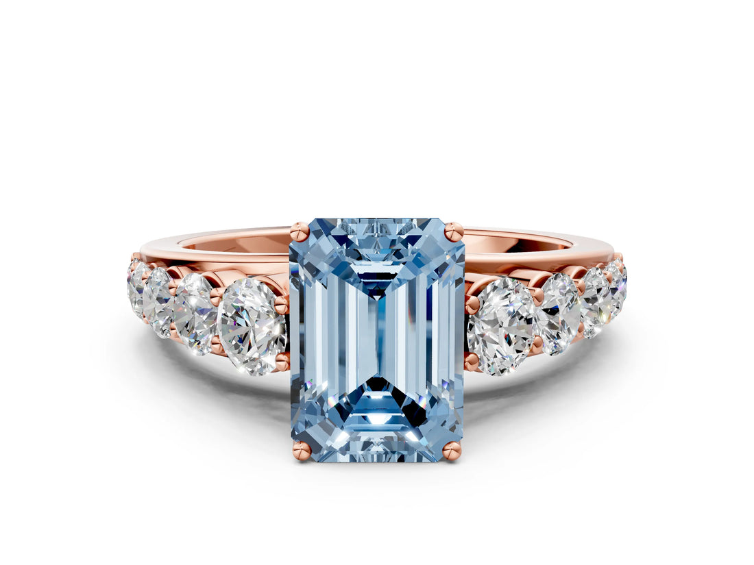 Rose gold Fancy Blue Emerald Cut Brilliant Diamond Pavé Band with Six-Prong Setting