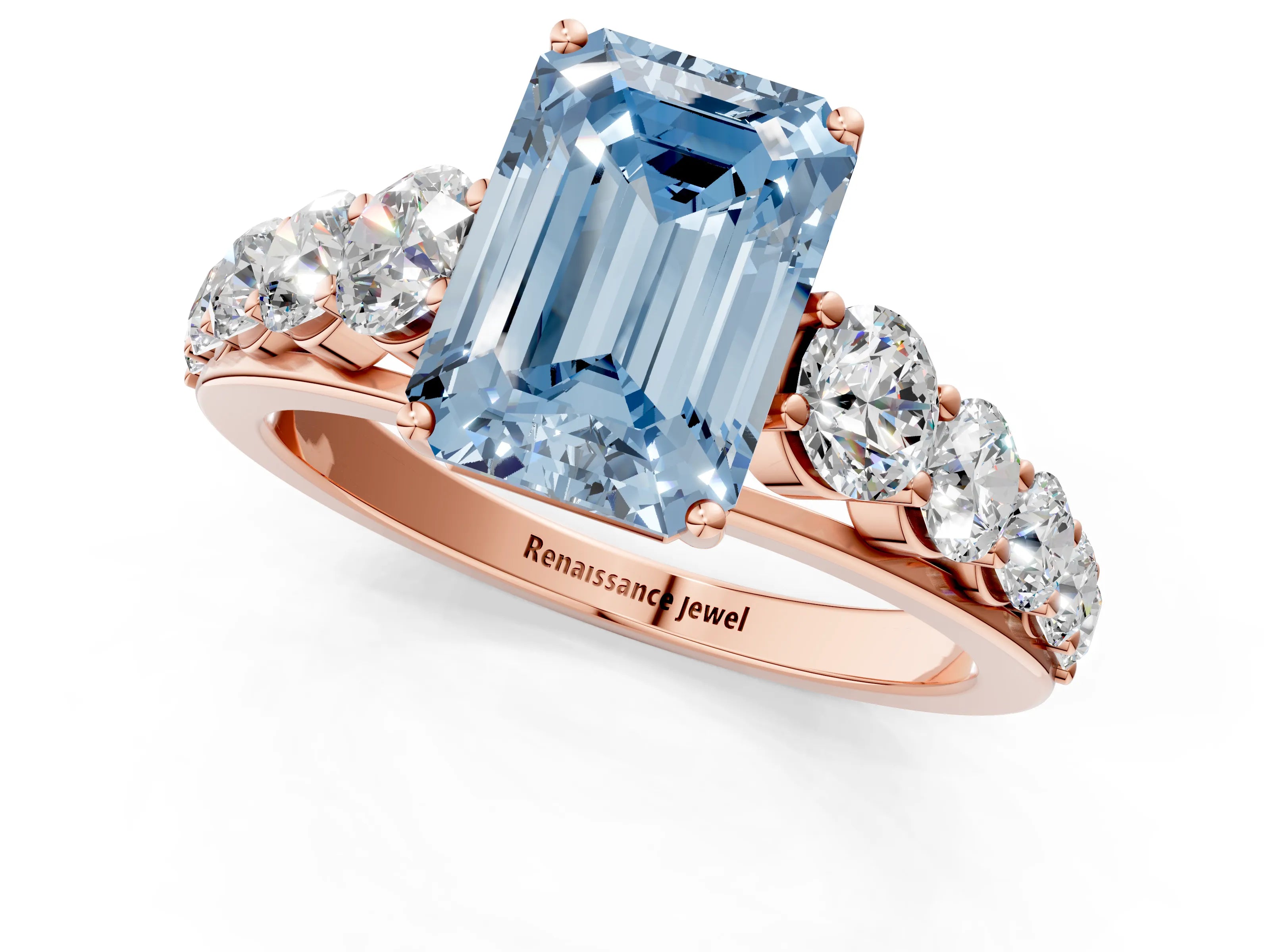 Rose gold Fancy Blue Emerald Cut Brilliant Diamond Pavé Band with Six-Prong Setting_1