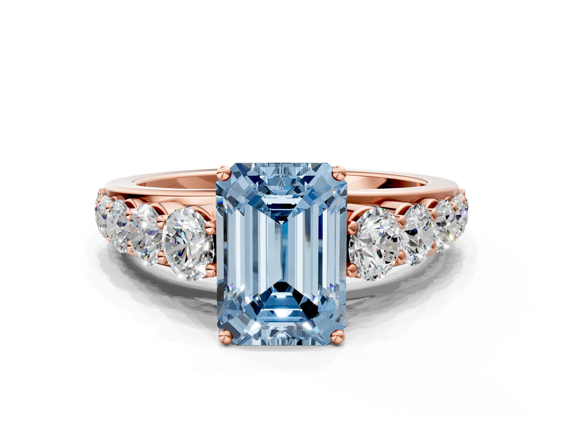 Rose gold Fancy Blue Emerald Cut Brilliant Diamond Pavé Band with Six-Prong Setting_12