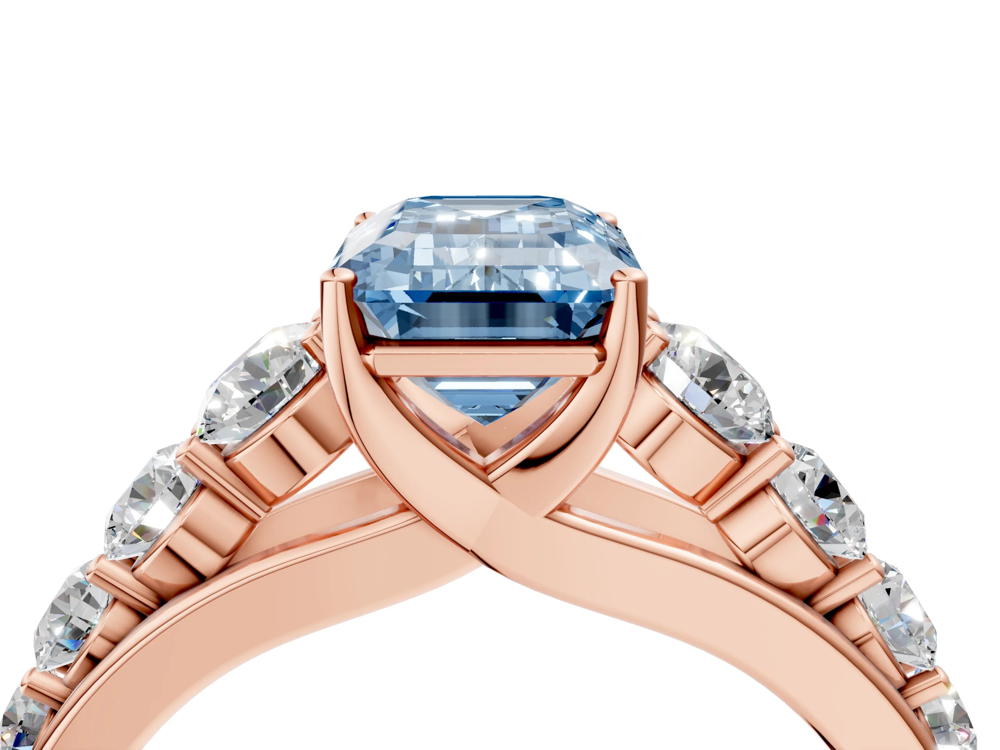 Rose gold Fancy Blue Emerald Cut Brilliant Diamond Pavé Band with Six-Prong Setting_4