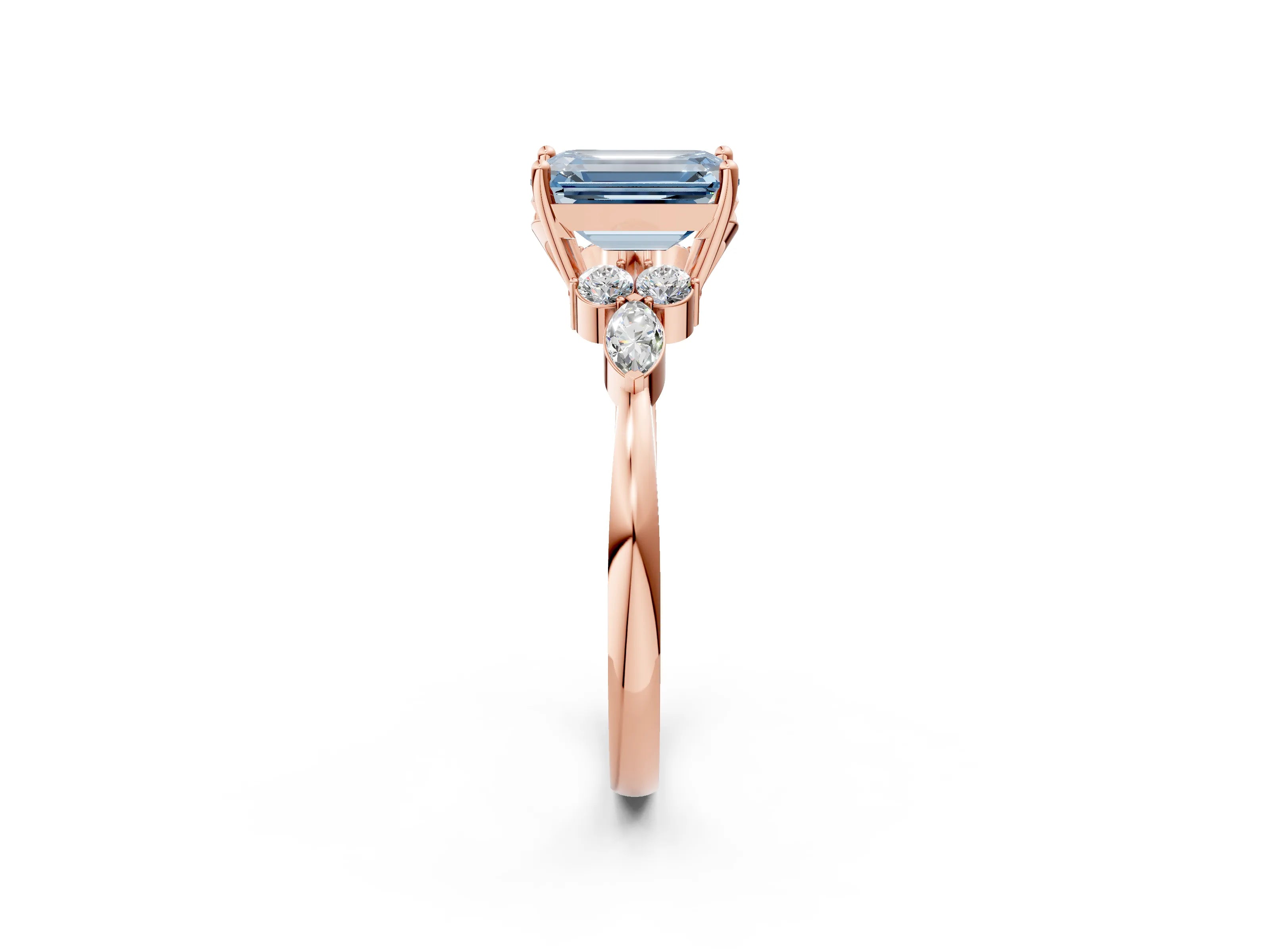 Rose gold Fancy Blue Emerald Cut Brilliant Diamond Solitaire Ring with Pear Side Stones and Four-Prong Setting_5