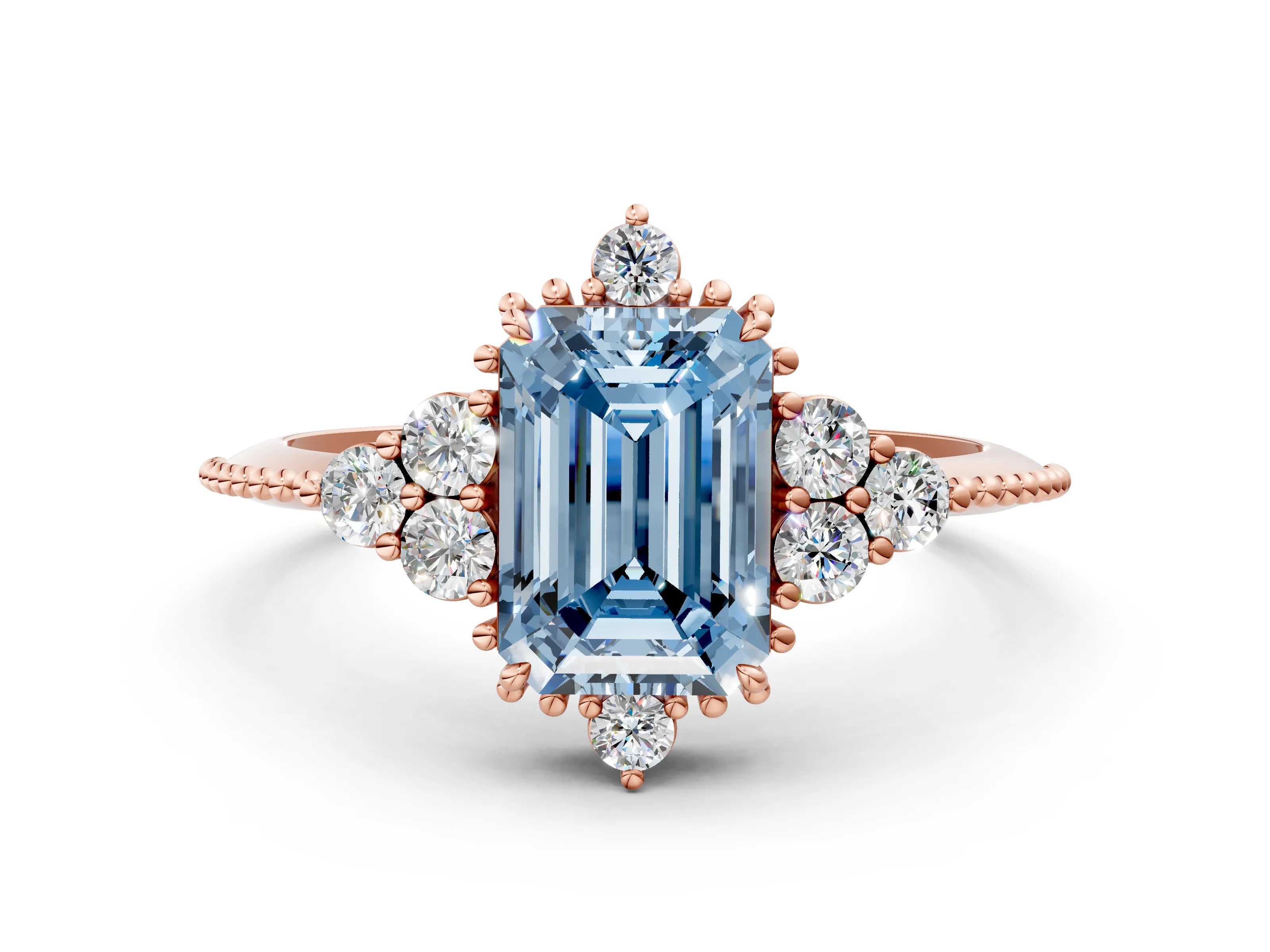 Rose gold Fancy Blue Emerald Cut Brilliant Diamond with Cluster Setting on a Beaded Band and Four-Prong Setting