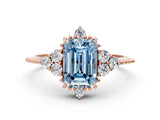 Rose gold Fancy Blue Emerald Cut Brilliant Diamond with Cluster Setting on a Beaded Band and Four-Prong Setting