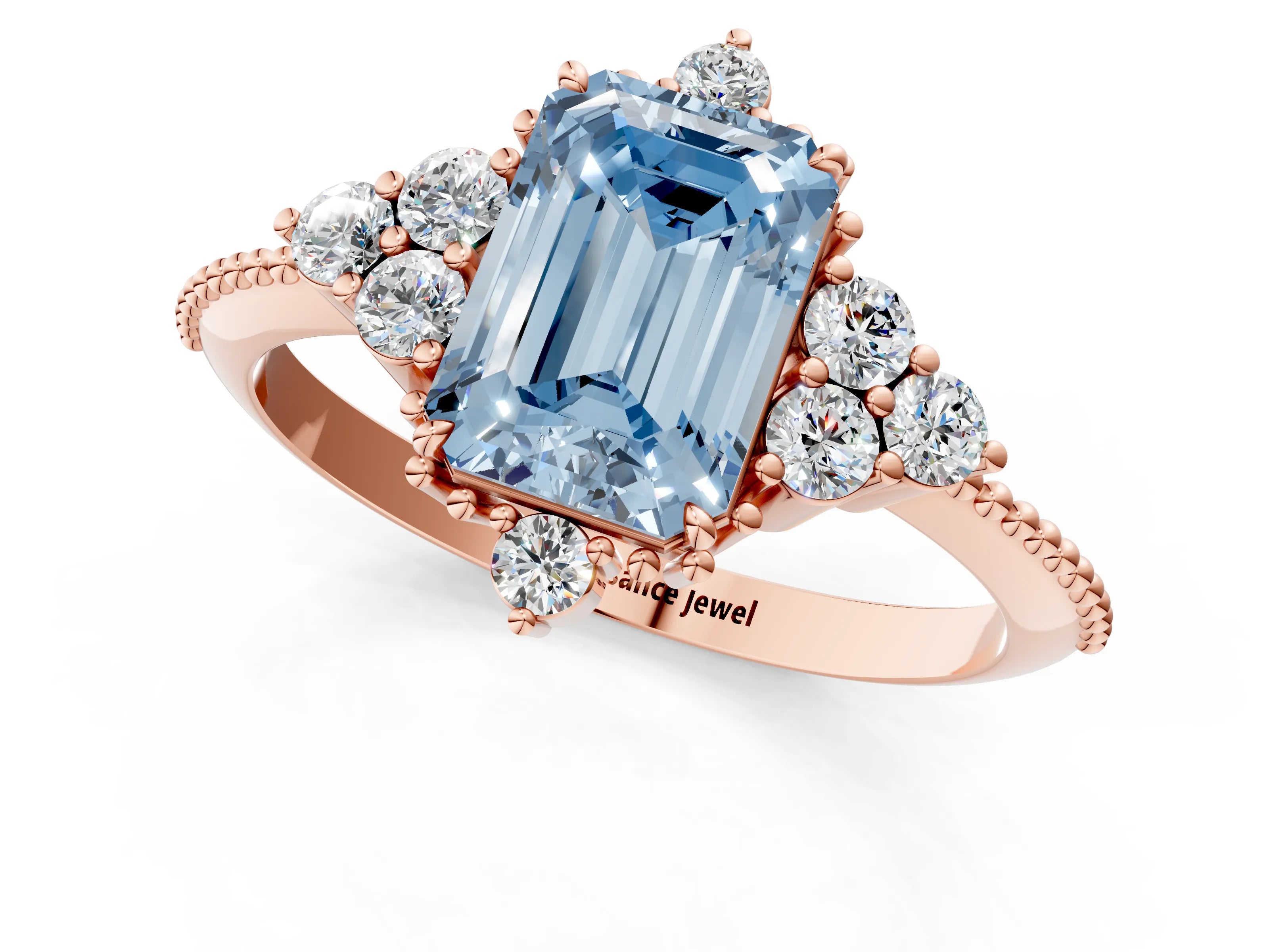 Rose gold Fancy Blue Emerald Cut Brilliant Diamond with Cluster Setting on a Beaded Band and Four-Prong Setting_1