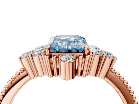 Rose gold Fancy Blue Emerald Cut Brilliant Diamond with Cluster Setting on a Beaded Band and Four-Prong Setting_4