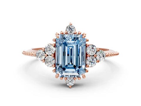 Rose gold Fancy Blue Emerald Cut Brilliant Diamond with Cluster Setting on a Beaded Band and Four-Prong Setting