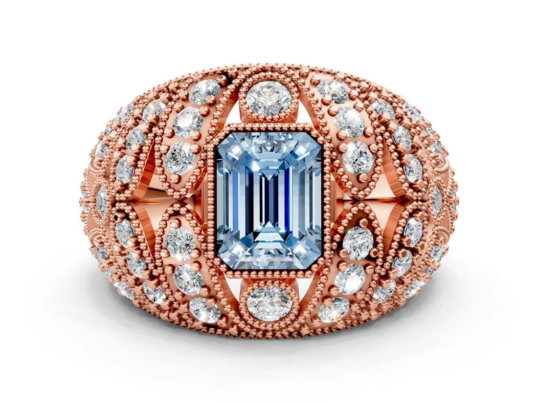 Rose gold Fancy Blue Emerald Cut Brilliant Halo Pave Diamond Milgrain Ring