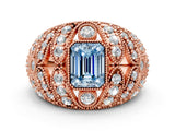 Rose gold Fancy Blue Emerald Cut Brilliant Halo Pave Diamond Milgrain Ring