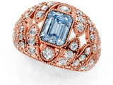Rose gold Fancy Blue Emerald Cut Brilliant Halo Pave Diamond Milgrain Ring_1
