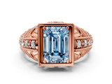 Rose gold Fancy Blue Emerald Cut Brilliant Milgrain Filigree Diamond Ring with Square Prong Setting