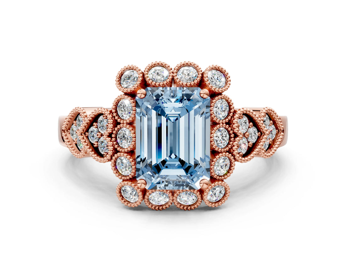 Rose gold Fancy Blue Emerald Cut Brilliant Milgrain Pave Heart Band Solitaire Ring