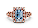 Rose gold Fancy Blue Emerald Cut Brilliant Milgrain Pave Heart Band Solitaire Ring
