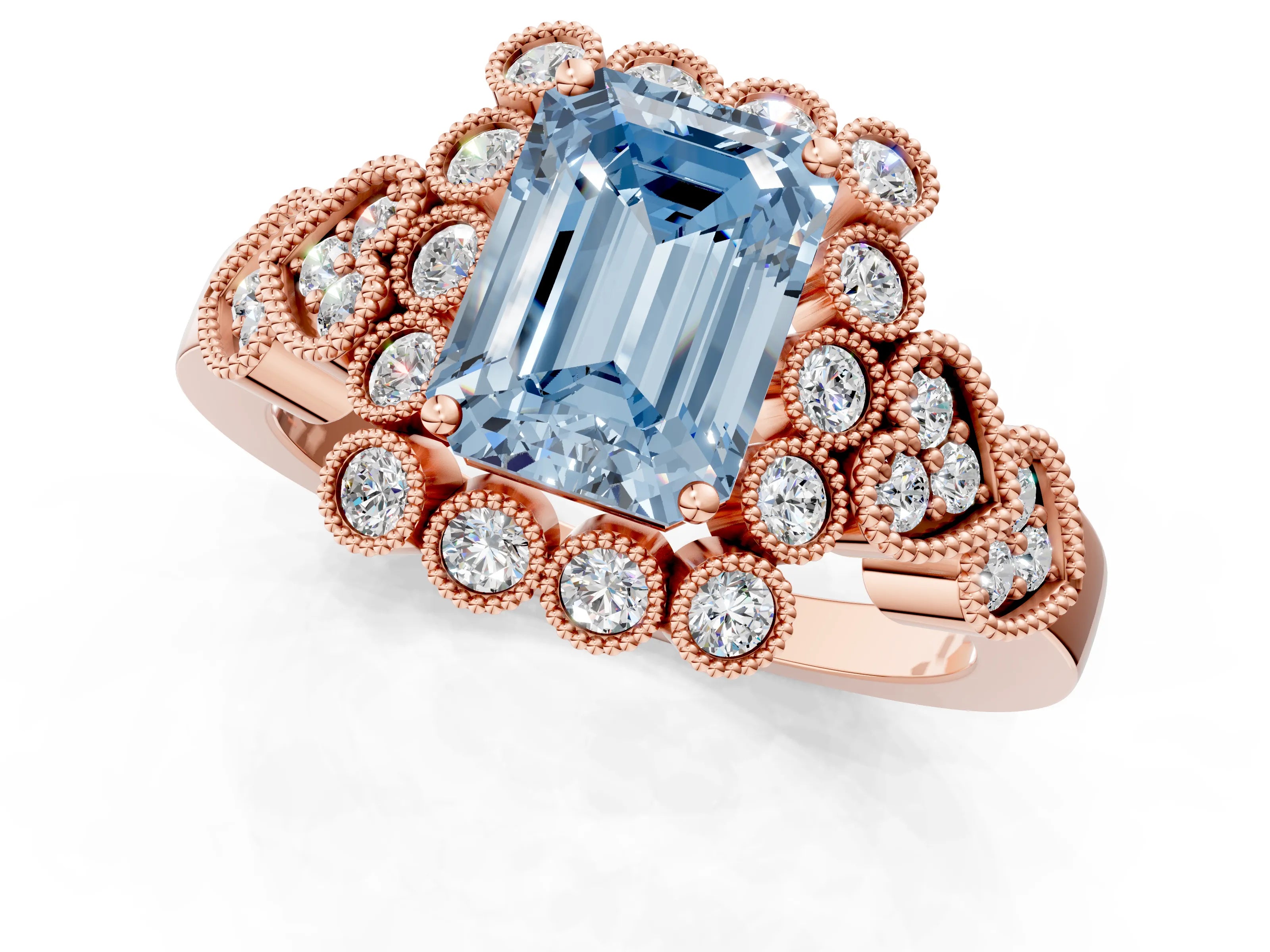 Rose gold Fancy Blue Emerald Cut Brilliant Milgrain Pave Heart Band Solitaire Ring_1