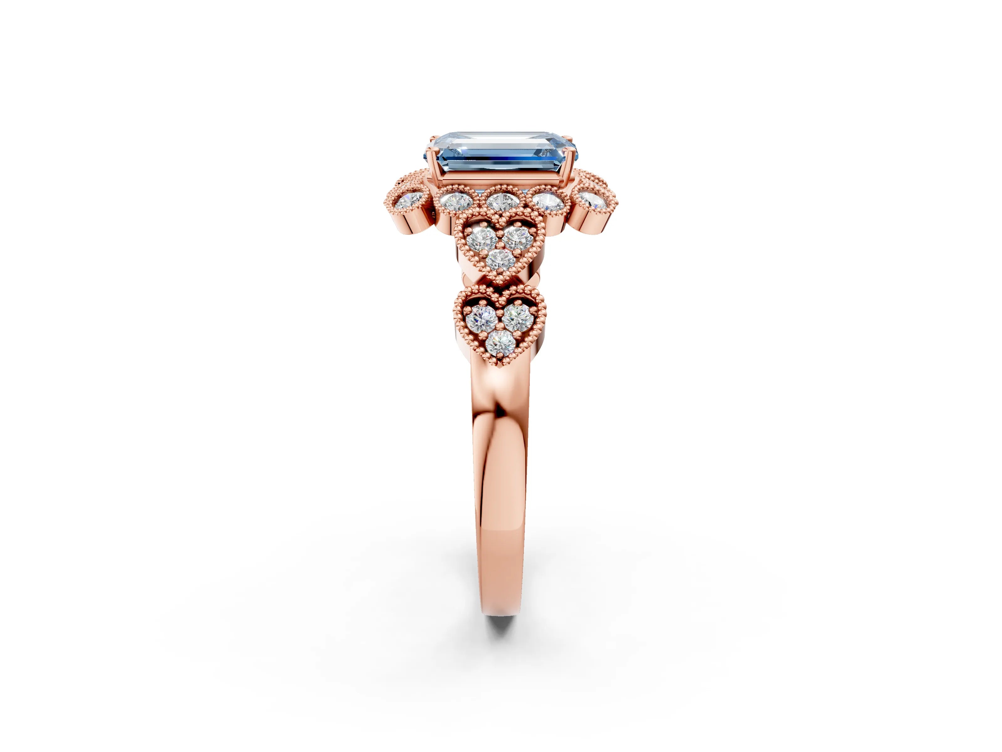 Rose gold Fancy Blue Emerald Cut Brilliant Milgrain Pave Heart Band Solitaire Ring_2