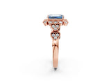 Rose gold Fancy Blue Emerald Cut Brilliant Milgrain Pave Heart Band Solitaire Ring_2
