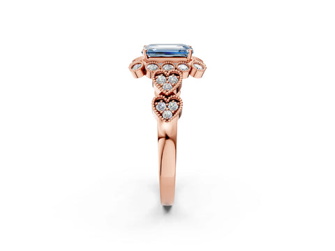 Rose gold Fancy Blue Emerald Cut Brilliant Milgrain Pave Heart Band Solitaire Ring_2