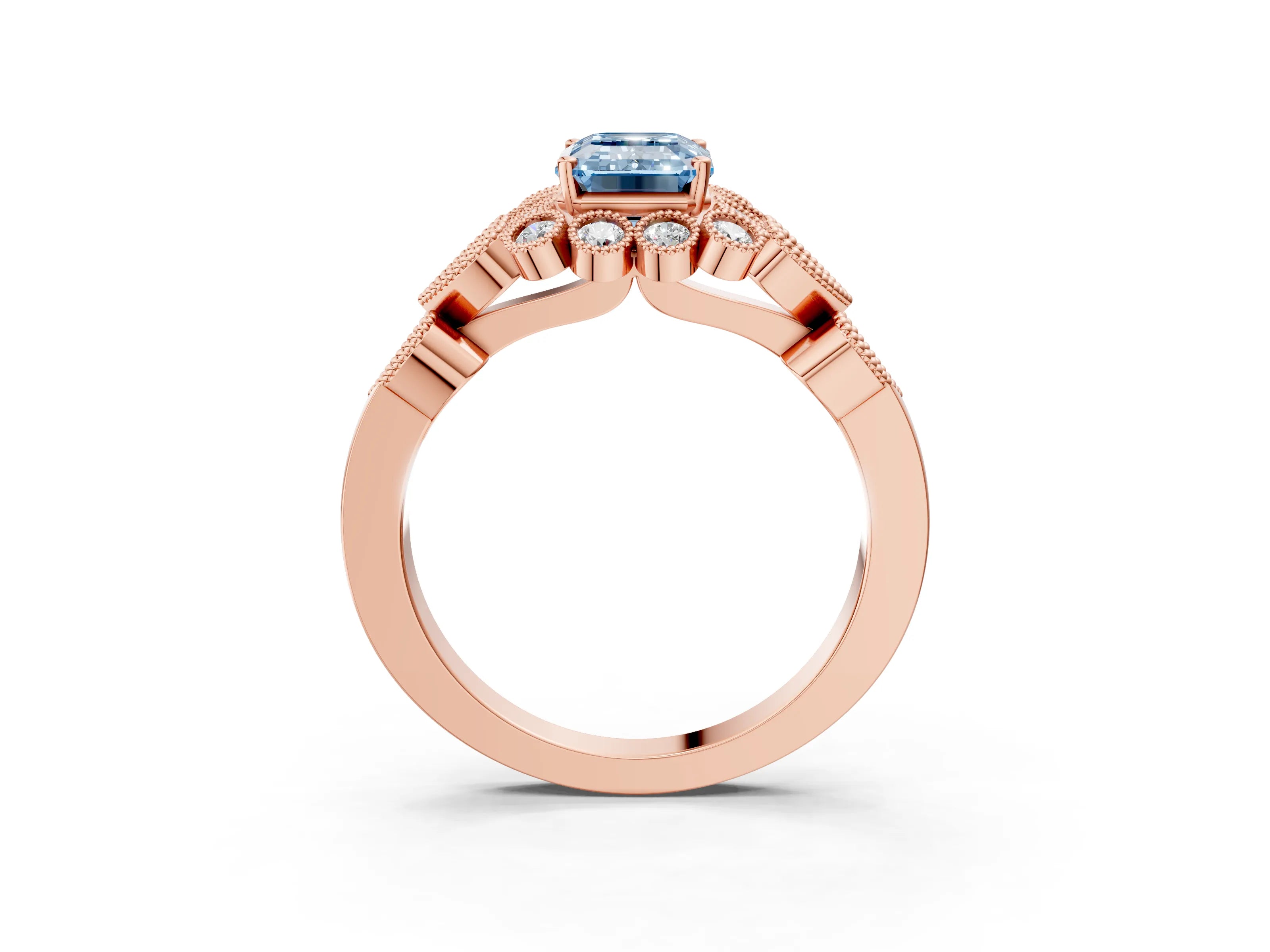 Rose gold Fancy Blue Emerald Cut Brilliant Milgrain Pave Heart Band Solitaire Ring_3