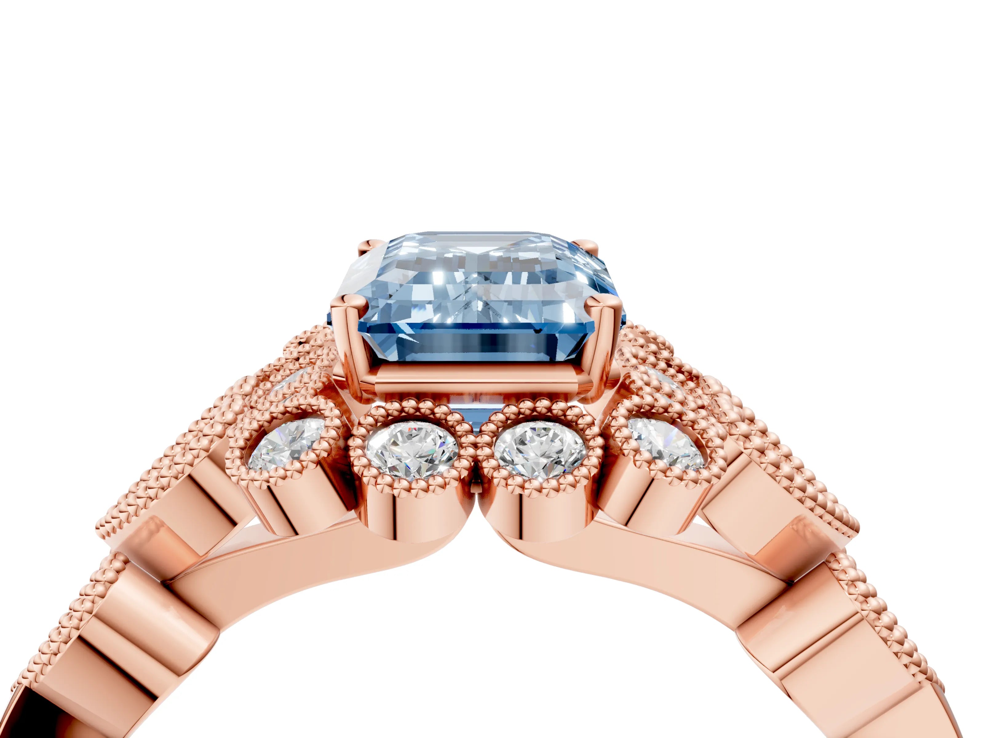 Rose gold Fancy Blue Emerald Cut Brilliant Milgrain Pave Heart Band Solitaire Ring_4