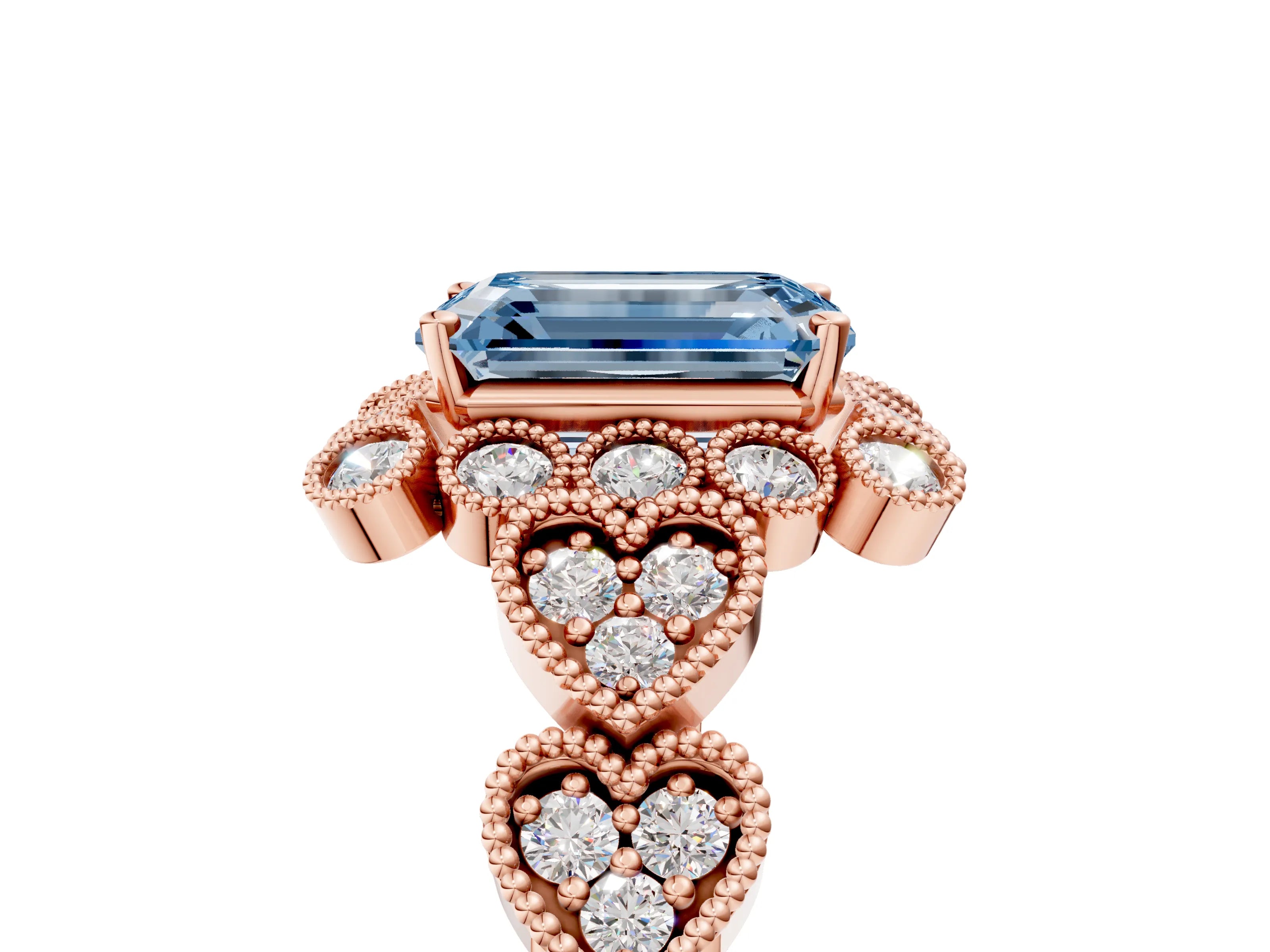 Rose gold Fancy Blue Emerald Cut Brilliant Milgrain Pave Heart Band Solitaire Ring_5