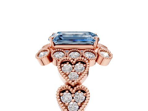 Rose gold Fancy Blue Emerald Cut Brilliant Milgrain Pave Heart Band Solitaire Ring_5