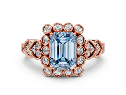 Rose gold Fancy Blue Emerald Cut Brilliant Milgrain Pave Heart Band Solitaire Ring