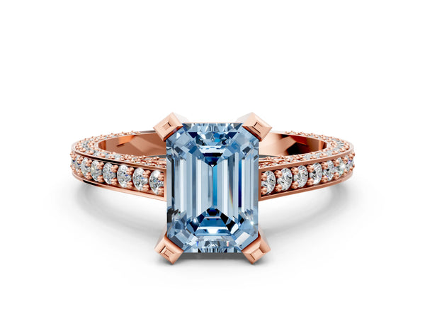 Rose gold Fancy Blue Emerald Cut Brilliant Split Shank Pave Solitaire Ring with Four-Prong Setting