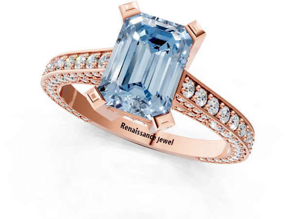 Rose gold Fancy Blue Emerald Cut Brilliant Split Shank Pave Solitaire Ring with Four-Prong Setting