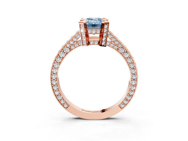 Rose gold Fancy Blue Emerald Cut Brilliant Split Shank Pave Solitaire Ring with Four-Prong Setting