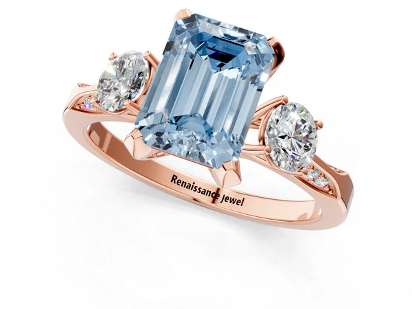 Rose Gold Emerald Cut Three Stone Hidden Halo Engagement Ring Setting for Fancy Blue Center