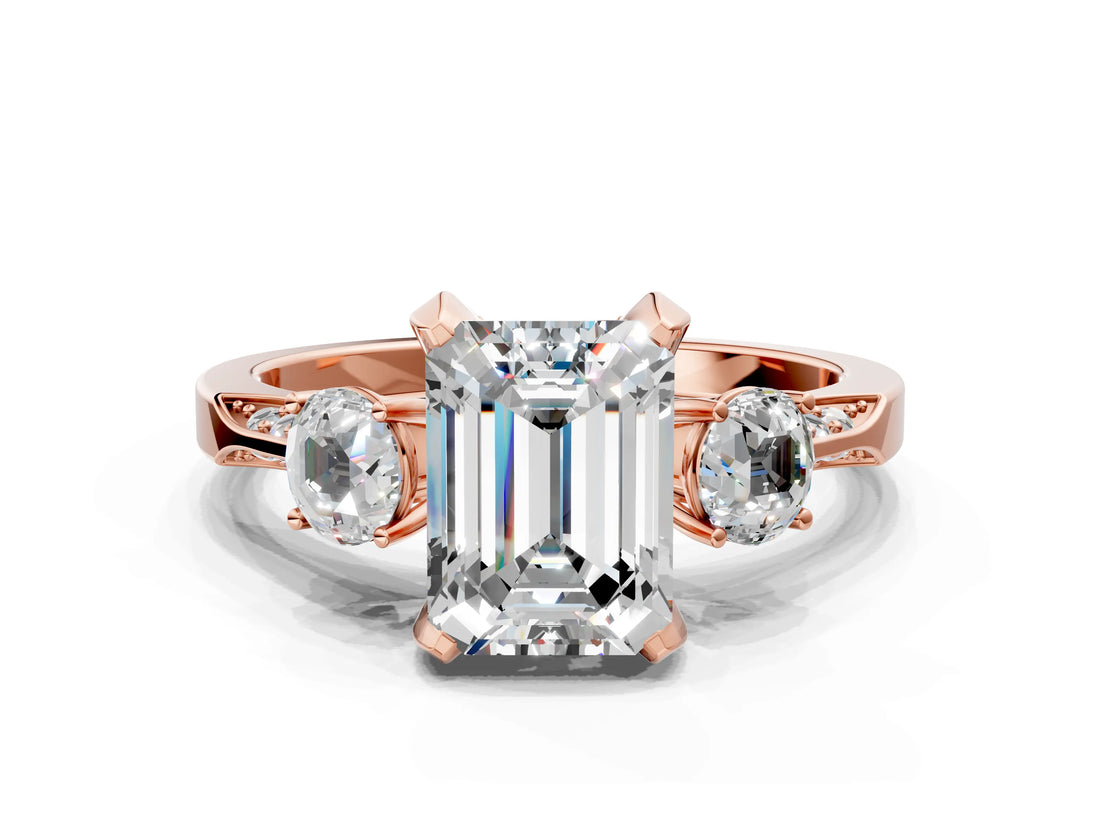 Rose gold Fancy Blue Emerald Cut Brilliant Three-Stone Diamond Ring with Pavé Band and Four-Prong Setting_3