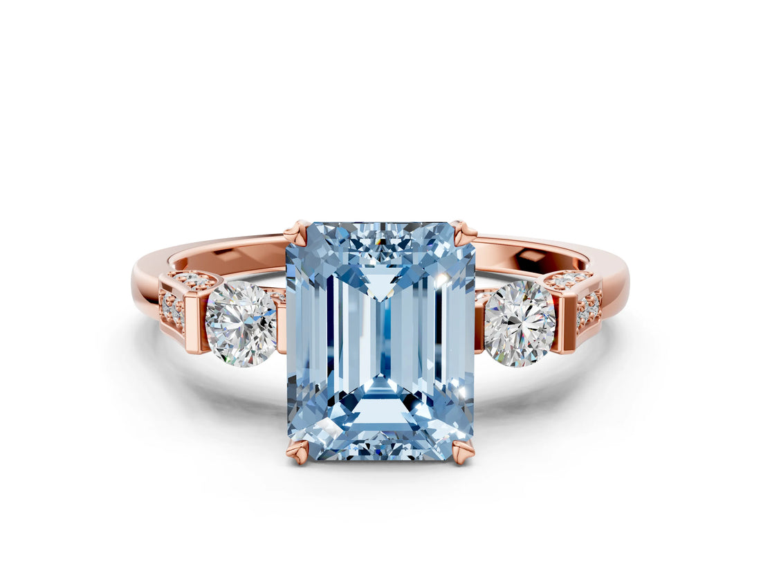 Rose gold Fancy Blue Emerald Cut Brilliant Three-Stone Pave Band with Four-Prong Setting