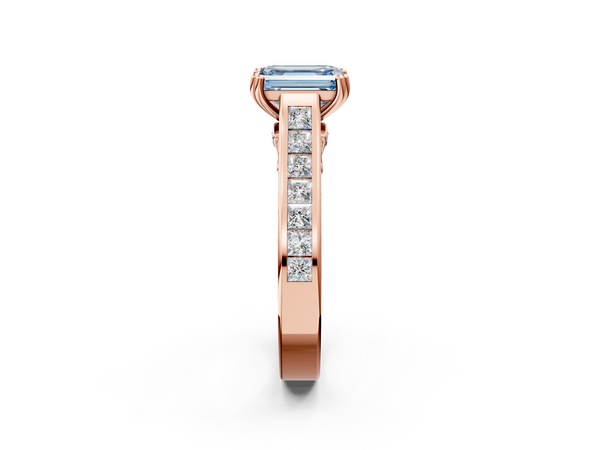 Rose Gold Emerald Cut Channel Set Solitaire Engagement Ring Setting for Fancy Blue Center with Double Claw Prongs