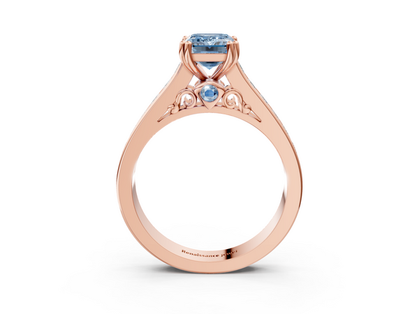 Rose Gold Emerald Cut Channel Set Solitaire Engagement Ring Setting for Fancy Blue Center with Double Claw Prongs
