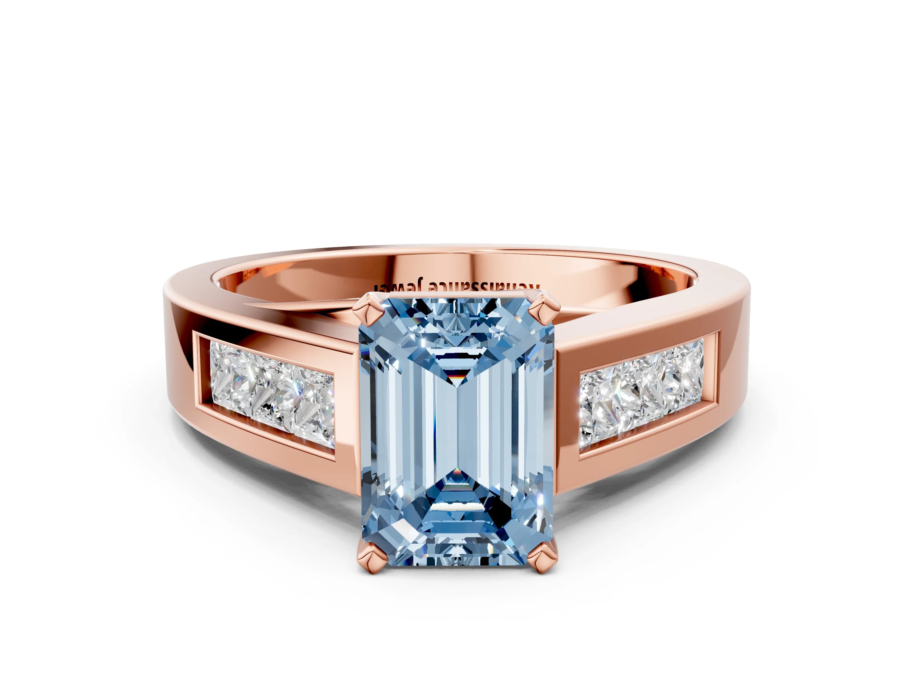 Rose gold Fancy Blue Emerald Cut Cut Channel Set Solitaire Ring with Four-Prong Setting