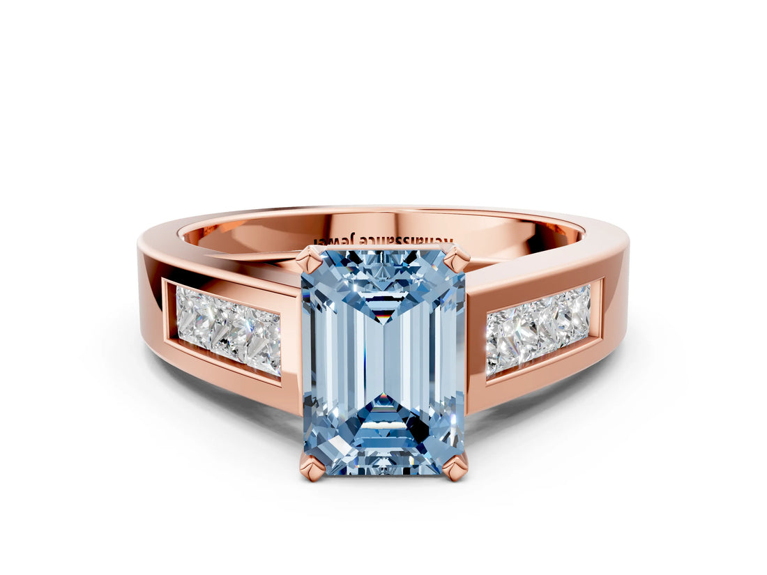 Rose gold Fancy Blue Emerald Cut Cut Channel Set Solitaire Ring with Four-Prong Setting