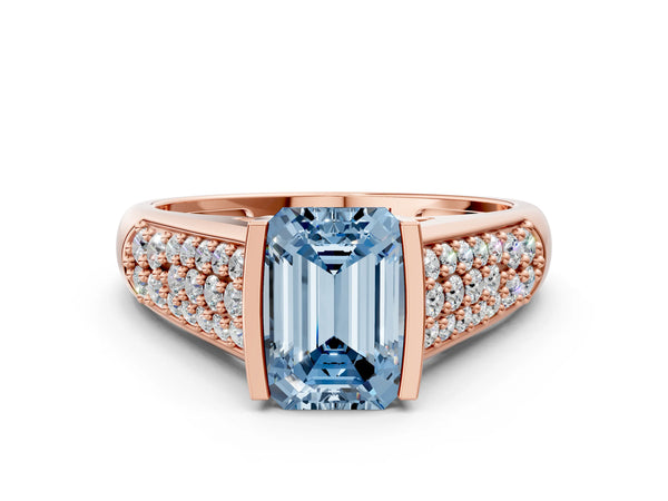 Rose gold Fancy Blue Emerald Cut Diamond Channel Set Pave Band with Tension Prong Setting