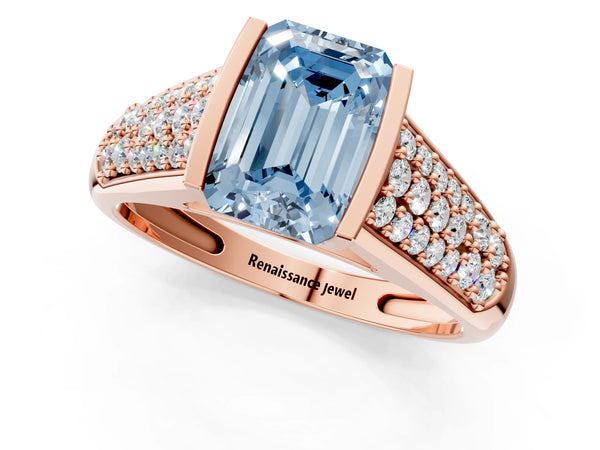 Rose gold Fancy Blue Emerald Cut Diamond Channel Set Pave Band with Tension Prong Setting