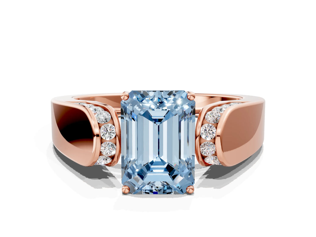 Rose gold Fancy Blue Emerald Cut Cut Diamond Channel Set Solitaire Ring with Four-Prong Setting