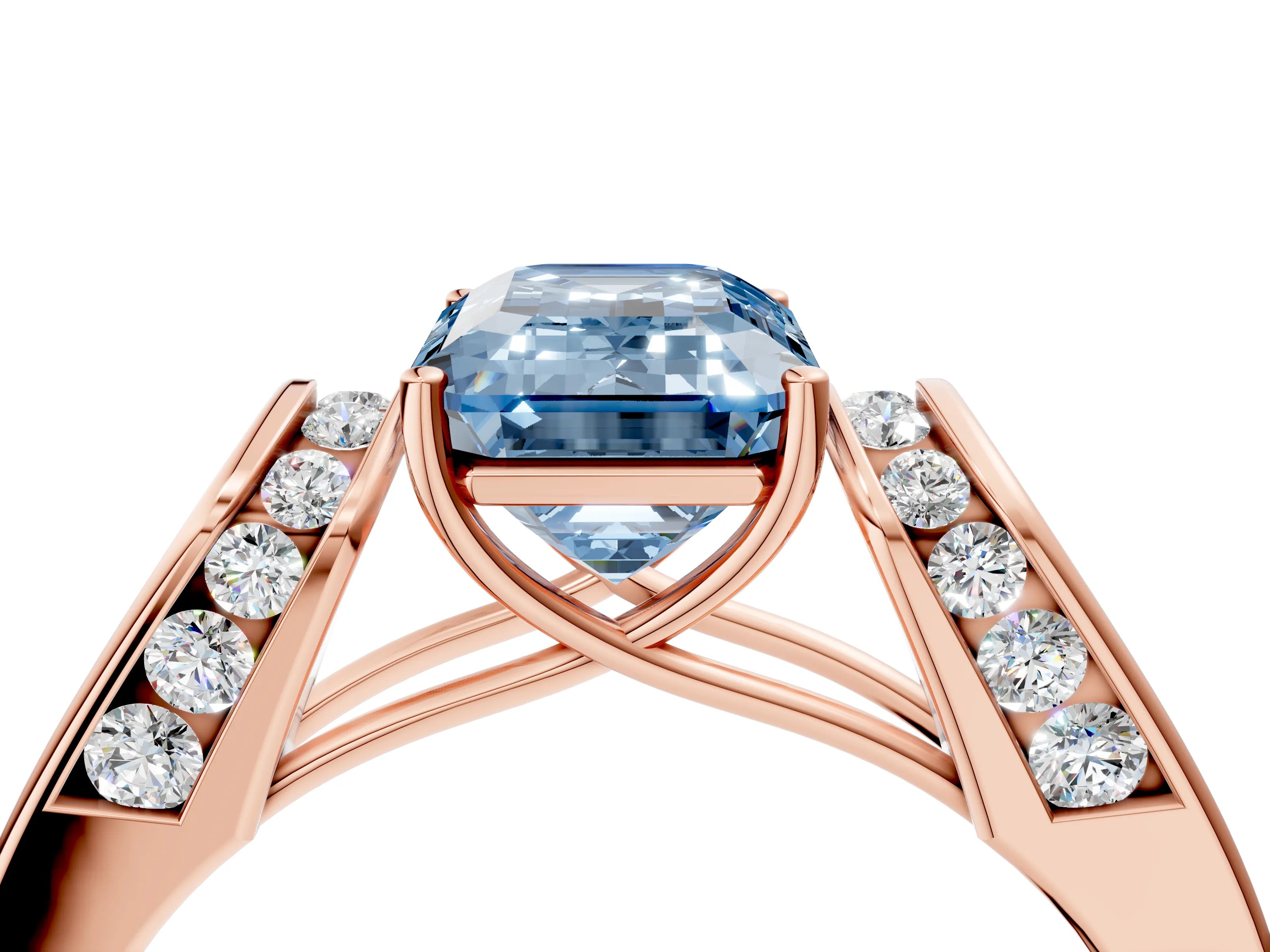 Rose gold Fancy Blue Emerald Cut Cut Diamond Channel Set Solitaire Ring with Four-Prong Setting_4