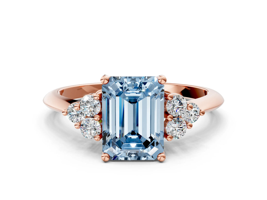 Rose gold Fancy Blue Emerald Cut Cut Diamond Cluster Ring with Solitaire Band and Four-Prong Setting_12