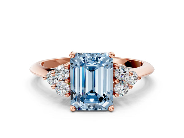 Rose gold Fancy Blue Emerald Cut Cut Diamond Cluster Ring with Solitaire Band and Four-Prong Setting