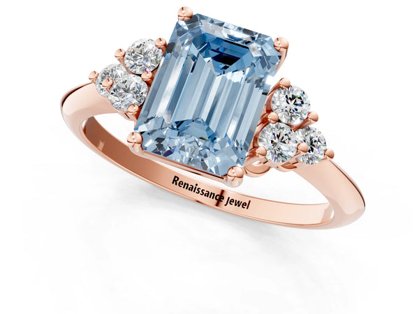 Rose gold Fancy Blue Emerald Cut Cut Diamond Cluster Ring with Solitaire Band and Four-Prong Setting