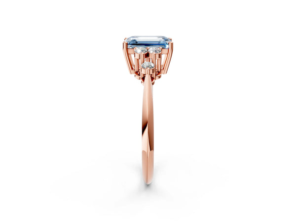 Rose gold Fancy Blue Emerald Cut Cut Diamond Cluster Ring with Solitaire Band and Four-Prong Setting