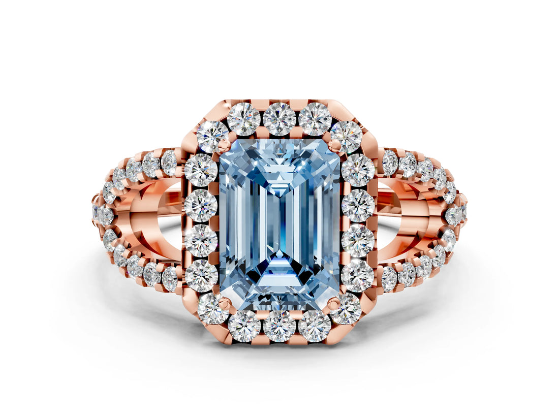 Rose gold Fancy Blue Emerald Cut Cut Diamond Halo Engagement Ring with Open Split Pavé Band