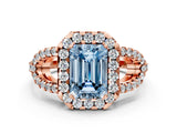 Rose gold Fancy Blue Emerald Cut Cut Diamond Halo Engagement Ring with Open Split Pavé Band