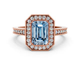 Rose gold Fancy Blue Emerald Cut-Cut Diamond Halo Engagement Ring with Pave Band and Prong Setting