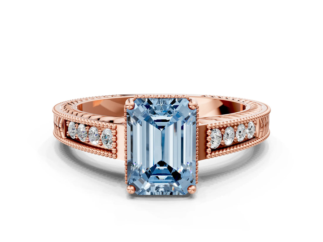 Rose gold Fancy Blue Emerald Cut Cut Diamond Milgrain Pave Band Four-Prong Setting Ring_3