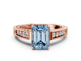 Rose gold Fancy Blue Emerald Cut Cut Diamond Milgrain Pave Band Four-Prong Setting Ring_3